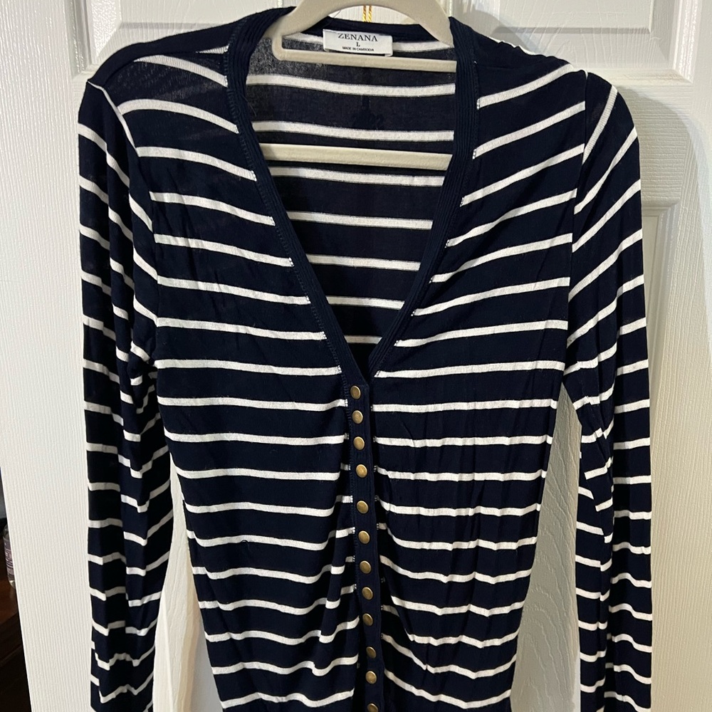 Women’s navy striped cardigan with gold buttons